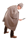 detective-sherlock-holmes-investigate-with-magnifying-glass-picture-id177136697
