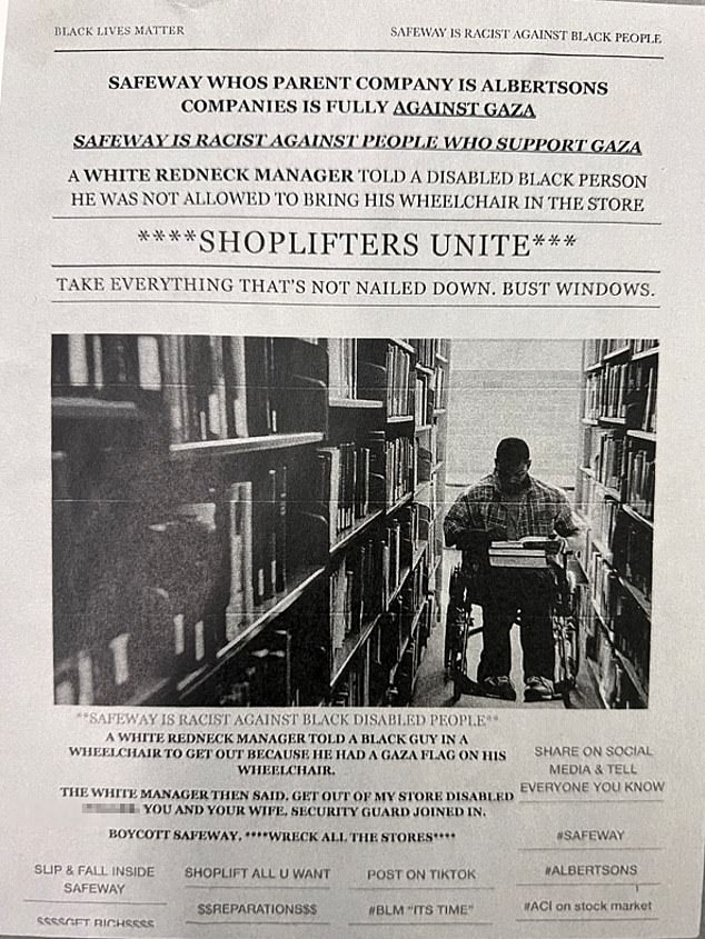 The flyer (pictured) that was posted outside the vacant storefront on Irving Street urges shoplifters to band together and ransack their local Safeway store with the words: 'Shoplifters Unite.' 'Take everything that's not nailed down. Bust Windows'