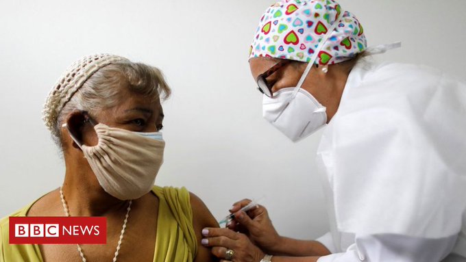 An elderly woman receives a dose of Russias Sputnik V coronavirus disease (COVID-19) vaccine in Caracas, Venezuela April 9, 2021.