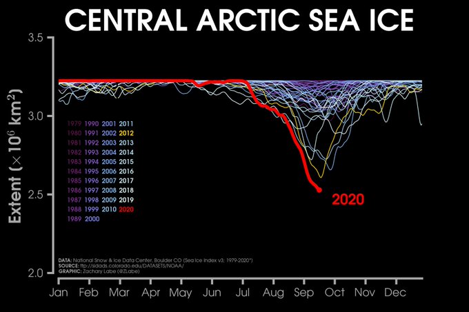 Line graph time series of 2012 and 2020 daily Arctic sea ice extent in the Central Arctic relative to each year since 1979