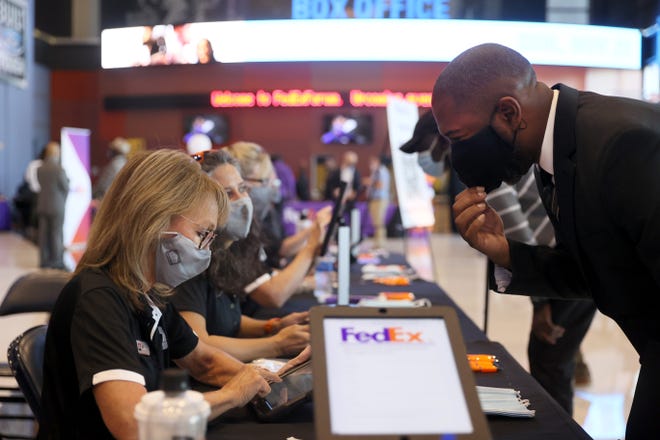 FedEx hosts a job fair at the FedExForum looking to fill over 4400 local positions in the Memphis area, the effort was a part of their national hiring day campaign on Thursday, Sept. 23, 2021.